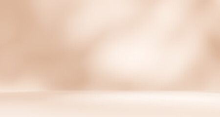 Empty brown cream beige room studio with shadow of leaves for product presentation. Autumn background. Summer tropical backdrop. Cosmetic showroom.