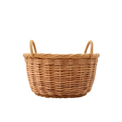 Fototapeta premium Photorealistic natural woven rattan storage basket with handles. Front view PNG with transparent background, high detail texture, clean and modern design.