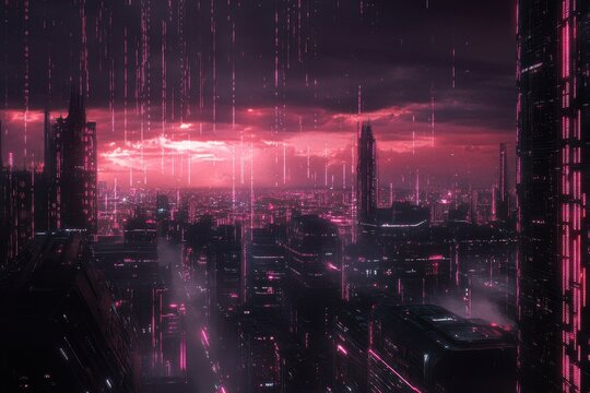 Cityscape showcasing advanced data processing technology with a pink hue at dusk, cityscape over data processing - Powered by Adobe