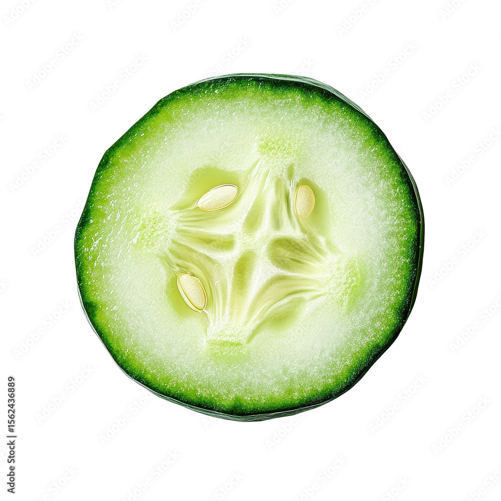 Poster fresh cucumber slice isolated on a clean white background highlighting its juicy texture and vibrant
