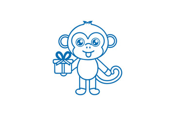 Playful monkey happily presents a charming gift in a delightful, minimalist blue outline style