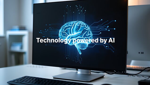 Futuristic computer screen displaying a glowing blue ai brain with digital circuits