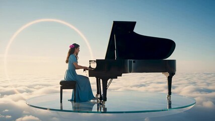 Woman in flowing dress plays piano on circular platform above clouds, piano sends gentle chords skyward, serene piano scene enchants horizon. Concept celestial performance