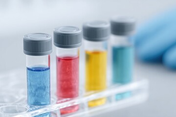 flat-lay of gene therapy kit including viral vectors microtubes and lab gloves on white tray