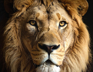 A majestic male lion with a full mane stares directly into the camera, showcasing his powerful gaze and detailed fur. This close-up captures the essence of wildlife and strength.