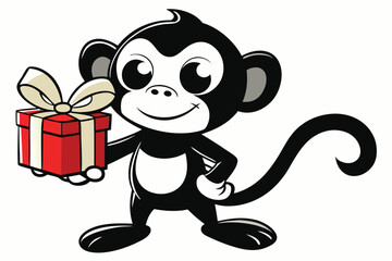 Smiling cartoon monkey cheerfully holds a red and beige gift box with a bow