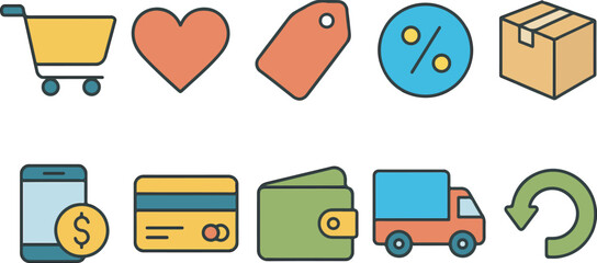 Collection of E-commerce Icons Representing Online Shopping Transactions and Services
