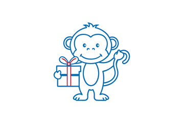 Smiling cartoon monkey presents a red ribbon wrapped gift box with blue outlines