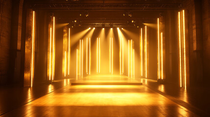 Modern stage design with warm lighting for events and fashion shows ready for a catwalk