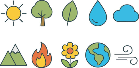 Collection of Natural Elements Symbols Representing Earth Air Fire Water and Flora