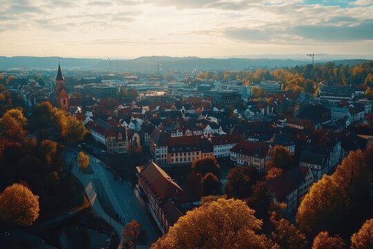 Exploring the picturesque aerial view of Schwabach's charming architecture and lush autumn landscape, Aerial view around the city Mosbach in Germany On sunny day in spring