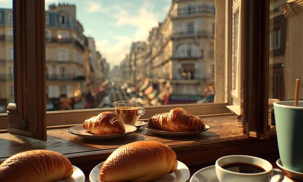 A Parisian cafe scene featuring croissants, coffee, and a view of a historic street framed by a window