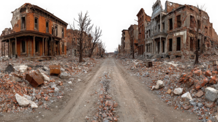 A desolate street view of a city destroyed by war, with ruined buildings isolated on transparent background