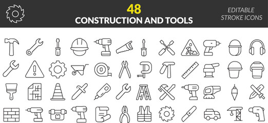 Construction and Tools Icon Set Depicting Various Equipment Including Hammer, Wrench, Drill, Saw, Screwdriver, and Safety Helmet for Building and Repair