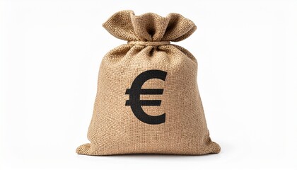 jute bag of money. euro sign is in the middle, isolated in white
