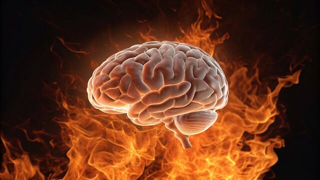 Digital illustration of a human brain engulfed in intense flames, powerfully depicting mental burnout, stress, anxiety, or inflammatory brain conditions. Ideal for medical, psychological