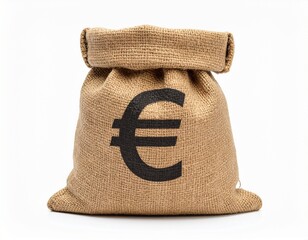 jute bag of money. euro sign is in the middle, isolated in white