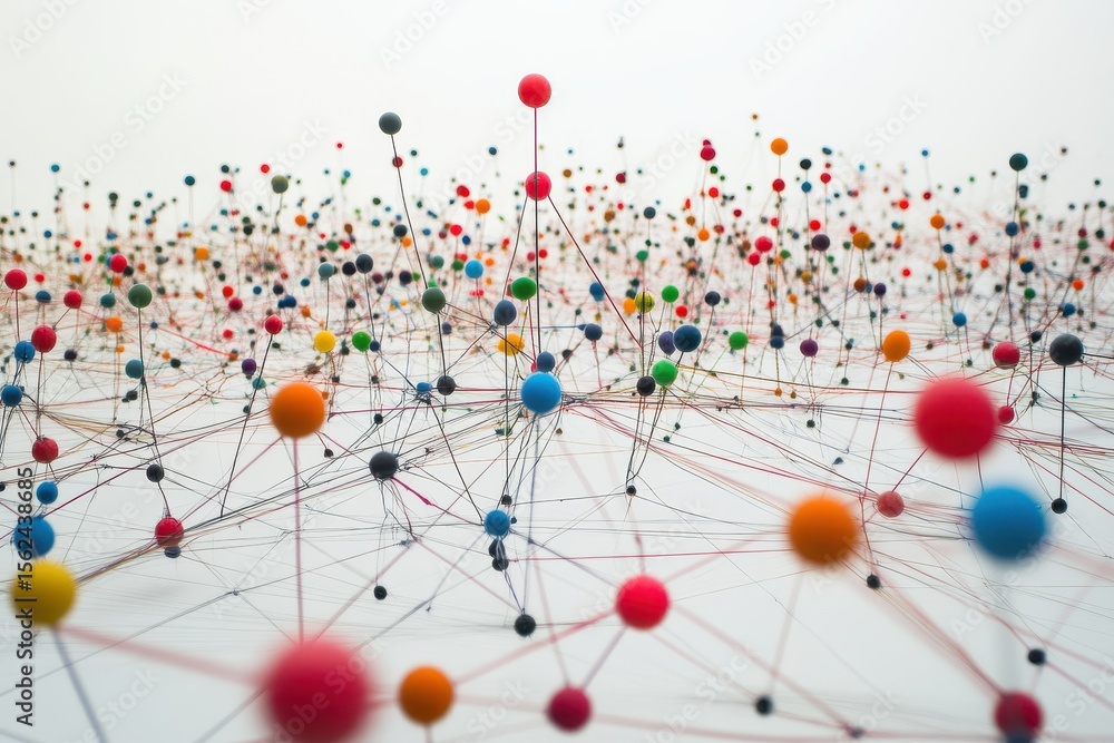 Poster network of colorful connections with numerous dots intertwining in a vibrant arrangement, network of
