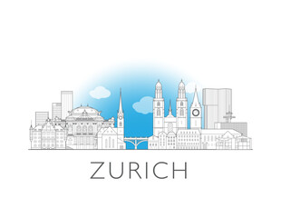 Zurich, Switzerland, cityscape illustration skyline drawing