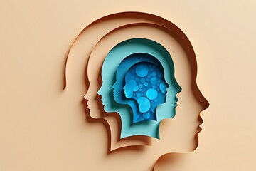Layered human head profiles reveal inner thoughts and abstract blue circles