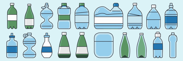 Water bottle icon sheet with colorful designs – Suitable for packaging templates, wellness graphics, or drink-themed visuals