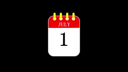 1 July Calendar animation with alpha .Time and date 1 Date 1 th day of month, calendar date. Calendar icon black transparent background.4k video