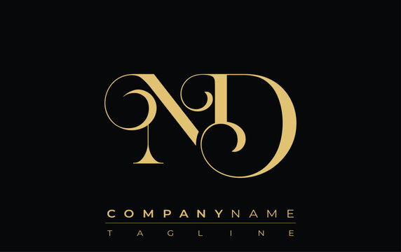 ND Abstract Creative Jewelry Logo. A stylish logo featuring golden monogram initials in an elegant and modern typography, perfect for branding