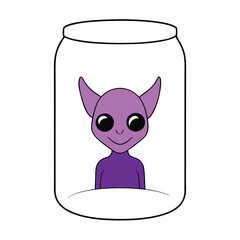 Whimsical purple alien with large ears sitting comfortably inside a mysterious abstract shape