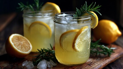 Fototapeta premium A cool summer drink with lemon, rosemary, and ice. It can be lemonade or a cocktail. A refreshing and healthy way to beat the heat!