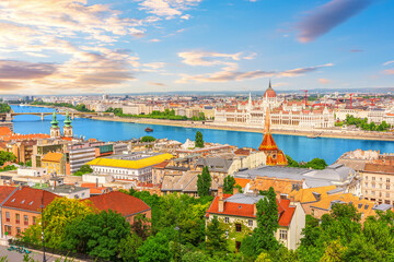 Hungarian Parliament and Buda Churches with Danube river view, summer panorama of Budapest