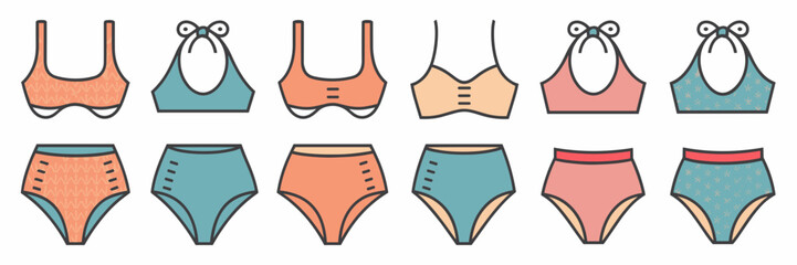 Vector icon sheet of summer bikinis on female mannequins – Ideal for swimwear branding, fashion catalogues, or vacation promotions