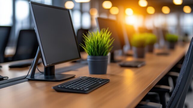 Professional office cubicle area with computer desks and greenery during daylight hours
