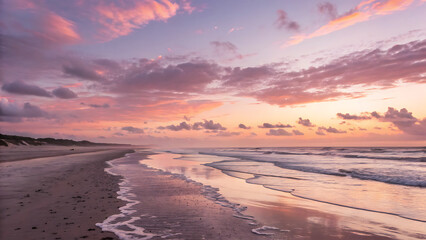 Ocean waves washing ashore on a sandy beach under a colorful sunset sky with soft clouds above - ai generated