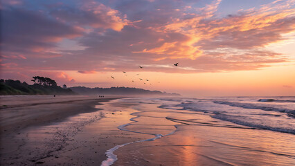Calm beach scene with a pastel sunset sky and birds flying above the ocean waves at dawn light - ai generated