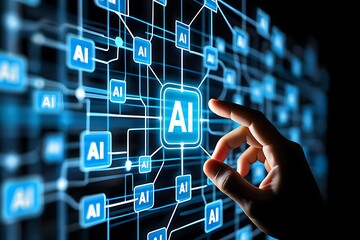 Human finger interacting with a glowing blue network of ai nodes on a dark background