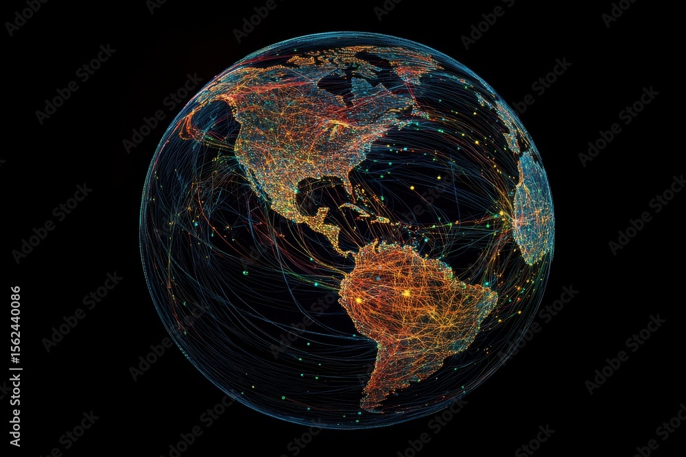 Poster global network of connections illustrating data processing across continents and regions, digital da
