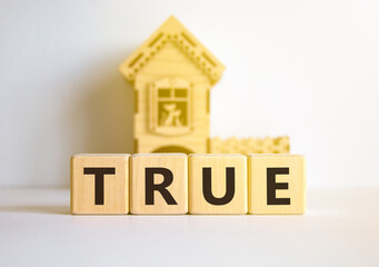 True symbol. Concept word True on beautiful wooden blocks. Beautiful white table white background....