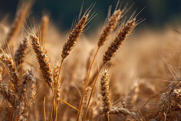 Fototapeta premium Golden wheat stalks stand tall, showcasing their vibrant color and texture, embodying the essence of harvest and agricultural abundance.