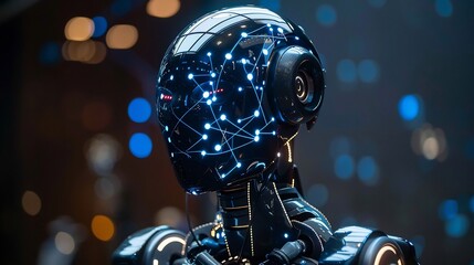 Fototapeta premium Quantum powered AI robot adaptive intelligence glowing neural networks pulsating across its metallic form futuristic cybernetic interface ultra advanced mechanical joints