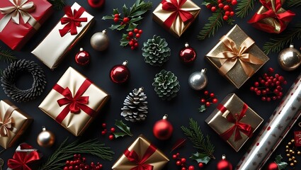 Festive christmas gifts and ornaments arranged on a dark background