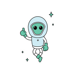 Cute teal alien character wearing a white astronaut helmet and spacesuit