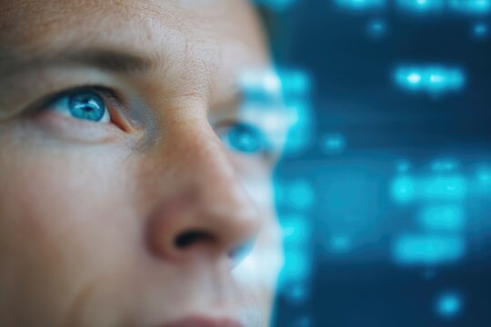 portrait of male crispr specialist reviewing genomic data on holographic screen in futuristic lab