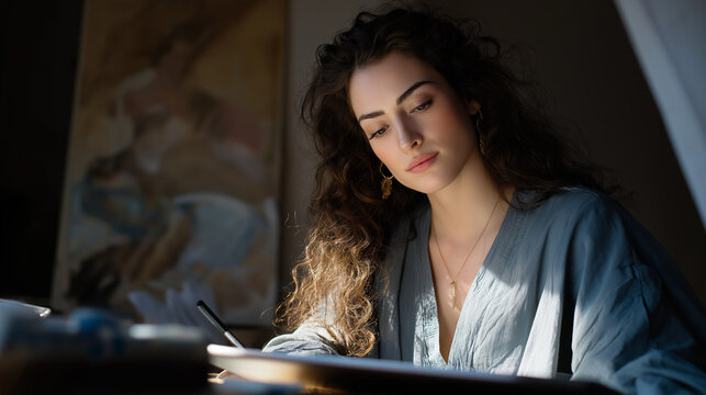 A young woman designing on a tablet in a bright studio