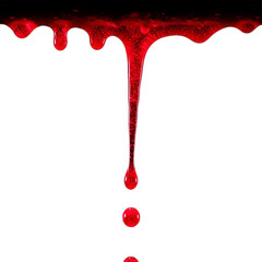 red liquid dripping down isolated on white background 