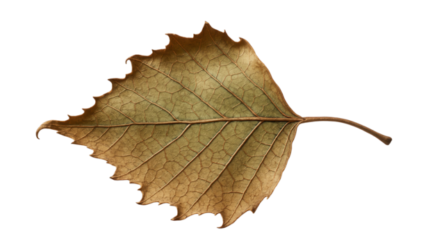 Dry, curled birch leaf with cracked surface and faded green patches