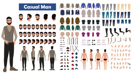 causal man Cartoon man character constructor sets for full body and head rigging design with outfits vector