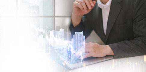 professional using a laptop for analysis about business real estate properties online showing digital transformation in the housing market. Real estate property search, finance industries.