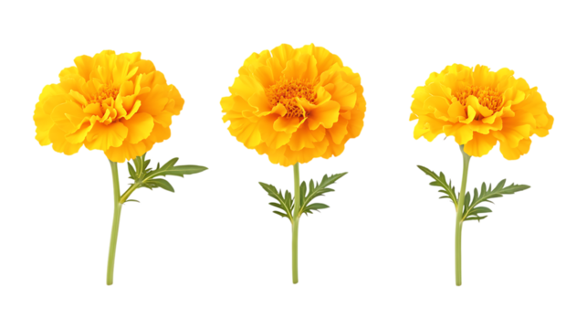 Pack Collection Vibrant Yellow Marigold Flowers Botanical Photography Floral Design Elements Natures Beauty set against transparent background