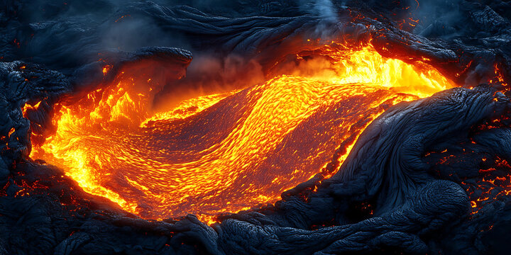 Molten lava river flowing across dark volcanic rock formation creates a fiery landscape