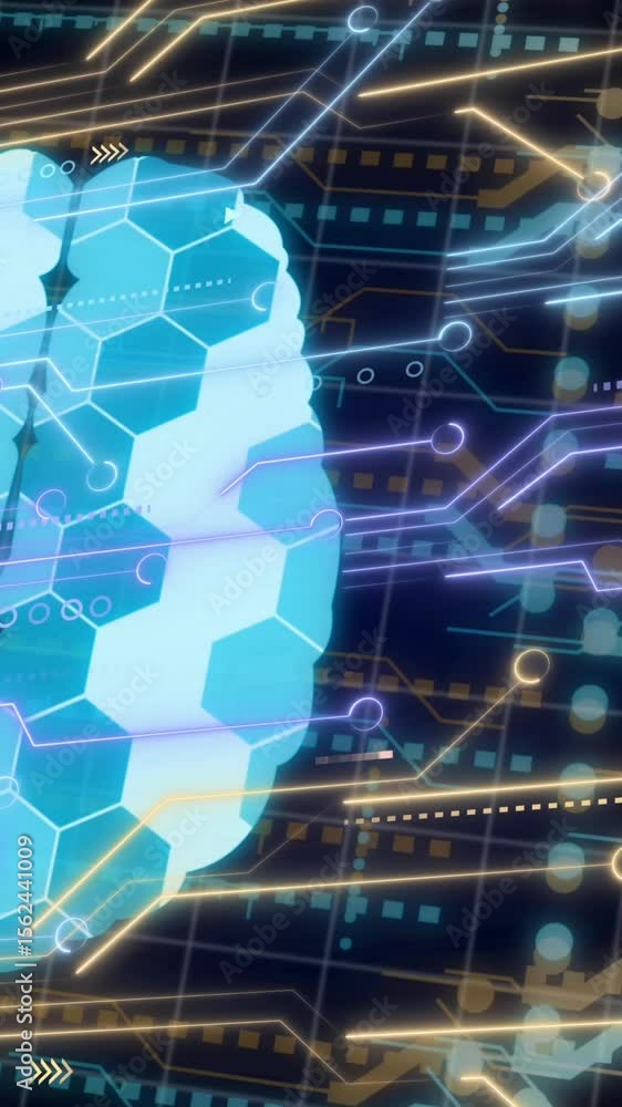 Poster animation of digital brain, data processing over computer circuit board